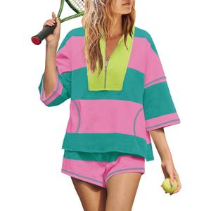 Yanekop Womens 2 Piece Outfits Summer Striped Workout Set Two Piece Matching Lounge Sets Half Sleeve Tops and Short Sets (Medium, Hot Pink Green)