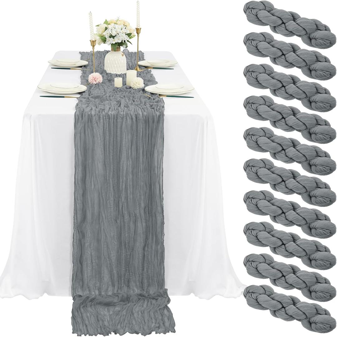 10 Pcs Gray Cheesecloth Table Runner 10FT, Gauze Table Runner for Wedding Reception Sheer Bridal Shower Birthday Party Boho Table Decoration, Rustic Romantic Wedding Runner (Grey)