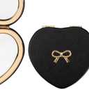 Compact Mirrors, Leather Folding Travel Mirror for Purse, Double Sided Handheld Mirrors, Portable Heart Shape Makeup Mirrors Gift for Girls Women Mothers (Black) (Bow)