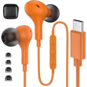 USB C Headphones Wired Earbuds for iPhone 17 16 Pro Max 15 for Samsung S26 S25 Ultra S24 S23 Wired Headphones,Corded USB Type C Earphones with Microphone& Remote for iPad 10 11th Pixel 10a 9 9a,Orange