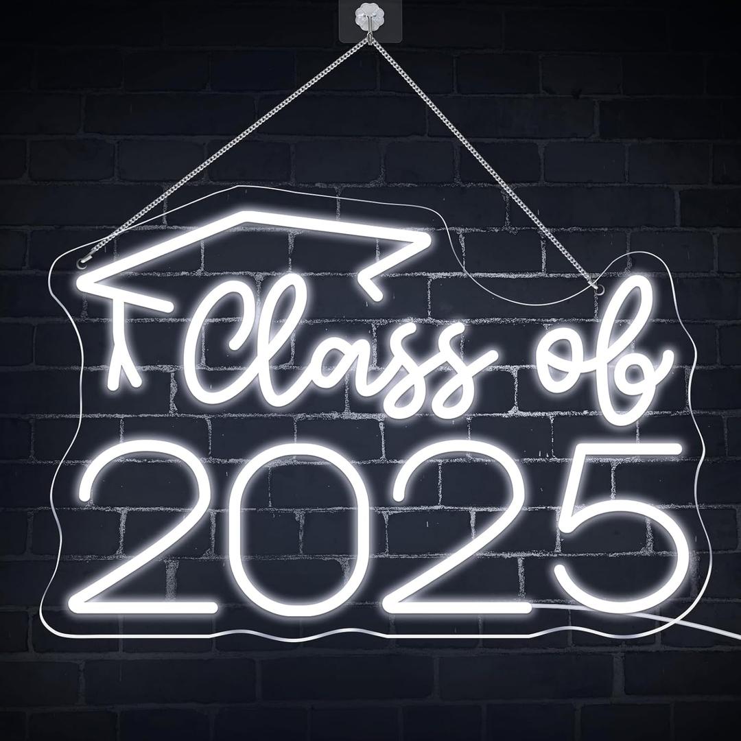 Class of 2025 Neon Sign with Graduation Cap, Cold White Graduation Class of 2025 Light Up Sign for Wall Decor,USB Powered Adjustable Brightness Led Sign for 2025 Grad Party Backdrop Decorations