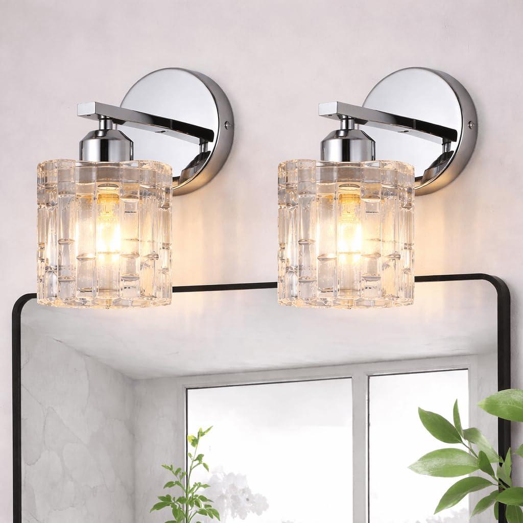 2-Pack Chrome Crystal Bathroom Vanity Lights, 1-Light Wall Mount Fixture for Over Mirror, Modern Wall Light for Bathroom, Bedroom, Hallway