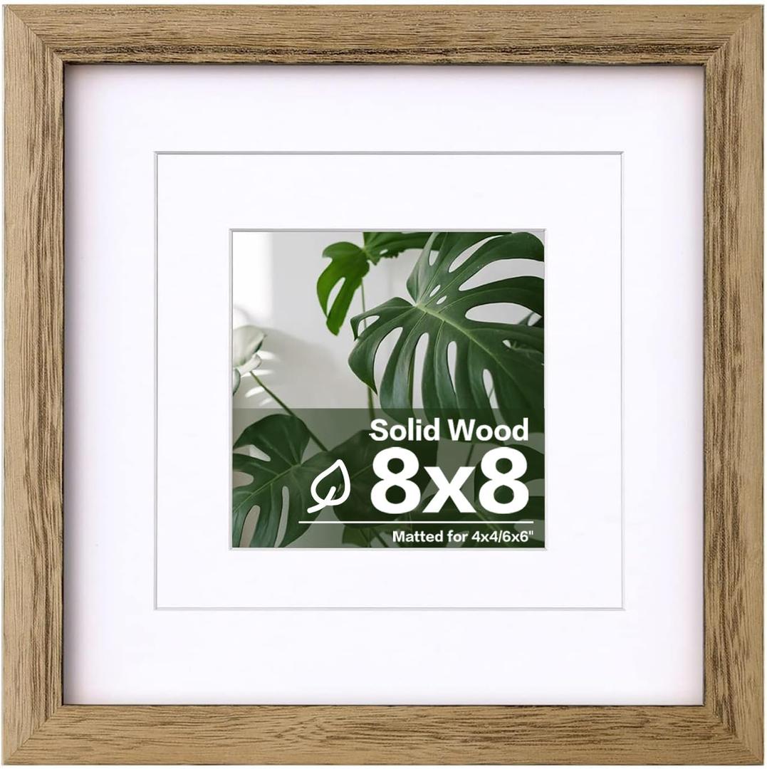 Egofine 8x8 Picture Frame Made of Solid Wood with Plexiglass, Display Pictures 4x4/6x6 with Mat or 8x8 Without Mat for Tabletop and Wall Mounting, Carbonized Brown