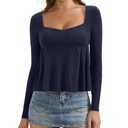 OMKAGI Cute Peplum Babydoll Tops for Women Going Out Double Layer Long Sleeve Shirts(S,435-Navy Blue) (Blue, S)