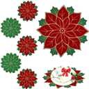 Breling 6 Pieces Christmas Poinsettia Placemats 16 Inch Round Red and Green Placemats Poinsettia Flower Table Mats Xmas Embroidered Table Mats Holiday Doilies for Dinner Home Party Decoration
