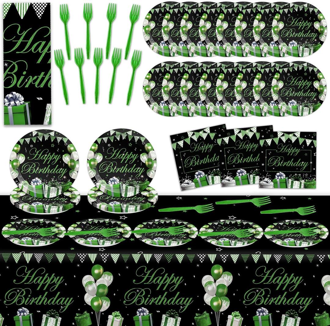 61 Pcs Green Silver Black Birthday Decorations Green Themed Party Tableware Set Confetti Sprinkles Decor Includes Plates Napkins Tablecloth for Men Women Dinner Gathering Supplies Serves 20 Guests
