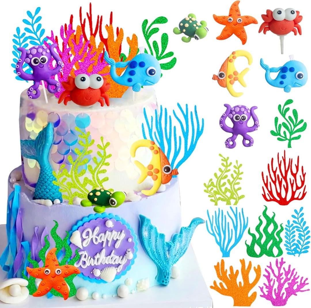 LaVenty 14 PCS Luxury Under The Sea Cake Decorations Fishing Cake Decorations Sea Turtle Octopus Ocean Cake Topper Under The Sea Party Supplies