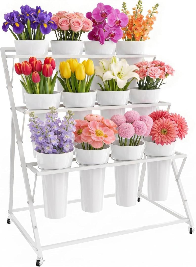 Flower Display Stand with 12 Buckets Metal 3-Tier White Flower Bar Stand