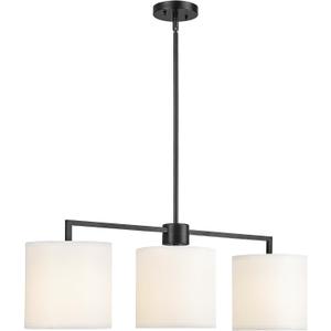 Emak Modern 34 Inch Kitchen Island Lighting, Black Dining Room Light Fixture with White Linen Drum Shade, Farmhouse 3-Light Linear Chandeliers for Dining Room, Kitchen, IL128-BK-WF-3