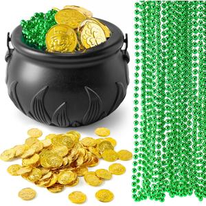 JOYIN 119 Pcs St. Patricks Party Supplies Set, 18 Green Bead Necklaces, 100 Plastic Coins & 1 Cauldron, St Patricks Day Party Favor Supply (Black Cauldron, Green Bead Necklace & Gold Coins)