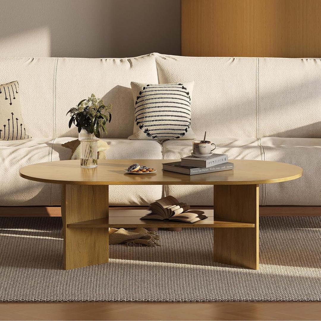 Oval Coffee Table, 2 Tier Wood Modern Center Coffee Tables for Living Room, 47" x 23.6" x 15.7"
