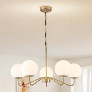 5-Light Gold Modern Chandeliers for Dining Room, Mid-Century Sputnik Chandelier Light Fixture with Large Milk White Glass Globe, Height Adjustable for Farmhouse Kitchen Island Living Room Bedroom
