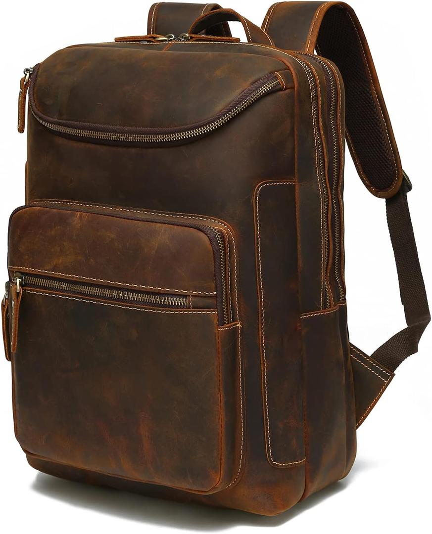 LANNSYNE Vintage Genuine Leather 16" Laptop Backpack For Men Hiking Travel Bag Camping Rucksack (Brown)