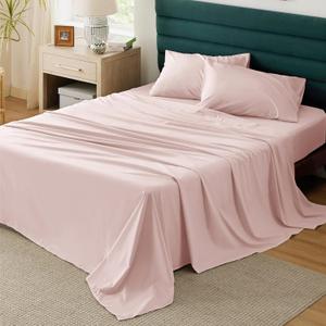 Bedsure 100% Cotton Percale Sheets King Size, King Size Sheets Set with Deep Pocket Up to 16 Inches, Breathable & Crirsp Soft, Bedsheet & Pillowcase Sets, 4 Pieces, Pink