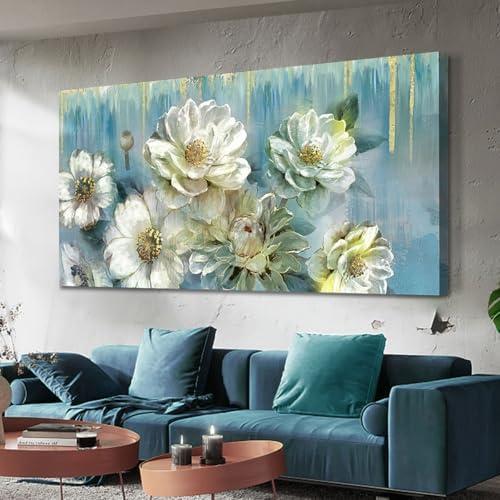 Ardemy Flowers Teal Wall Art Canvas Magnolia White Floral Picture Textured Painting Modern Turquoise Artwork Framed for Living Room Bathroom Bedroom Dining Room Home Office Wall Decor, Large 40"x20"