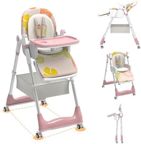 Baby High Chair for Toddlers with Adjustable Backrest/Footrest/Seat Height, Foldable with 4 Wheels, Double Removable Tray (Pink)