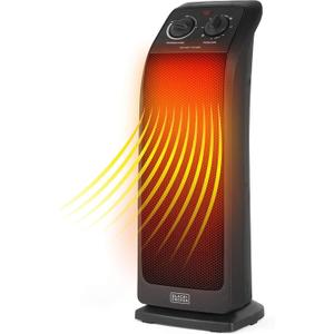 BLACK+DECKER Oscillating Ceramic Tower Heater, 1500W Space Heater and Fan Combo with Adjustable Thermostat, 3 Settings, For Home and Office, BHTC571 Black