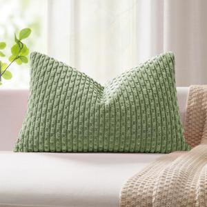 Kevin Textile Spring 14x22 Inch Pillow Cover 1 Pack Boho Decorative Soft Striped Corduroy Lumbar Farmhouse Solid Color Accent Rectangle Cushion Case for Living Room Couch Sofa Bed, Sage Green