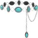 Turquoise Belt Silver Western Chain Belt, Cowgirl Concho Style with Turquoises Embellishment for Women Dresses and Jeans (Fits low waist 3640 (51 total), Statement Oval)