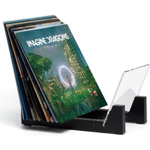 KAIU Vinyl Record Storage - Solid Wood with Crystal Clear Acrylic Holder - Premium Design, Perfect 12" LPs or 7" Singles Display Unit - Stores and Supports up to 50 Albums (Modern Black)