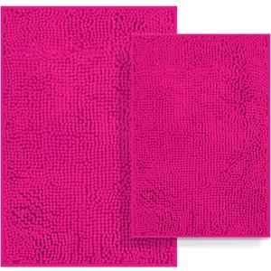 Bathroom Rugs Set 2 Piece Bathroom Sets Bath Rugs Non Slip Bath Mats for Bathrooms, Thick Soft Chenille Bath Rug Set, Bathtub Mat, Ultra Absorbent Baths Carpet, Shaggy Bathrooms Floor Mat, Hot Pink