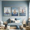SEINEMBSC Blue Nautical Nursery Wall Art Vintage Sailboat Lighthouse Pictures Wall Decor Boy Coastal Posters Navy Sea Ocean Canvas Print Artwork for Kids Boys Room Playroom Bedroom Decor, Unframed, 24L''X16W''-Unframed