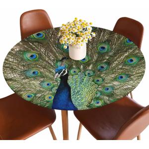 Colorful Peacock Round Fitted Tablecloth Bright Birds Beautiful Feathers Animal Elastic Edge Tablecloth Waterproof Oilcloth Table Cover for 40"-44"