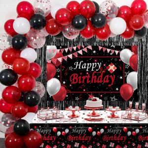 Red and Black Birthday Decorations for Men Women, Happy Birthday Decorations fo Boys Girls Party Decoration Backdrop & Tablecloth Balloons Arch Kit Confetti Balloons Foil Fringe Curtains Table Cover