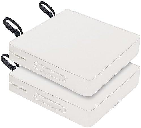 Patio Chair Cushions 24x24x4 Inch, Waterproof Outdoor Seat Cushions with Adjustable Straps & Handle, Thick High-Density Foam, Fade-Resistant, Machine Washable, 2 Pack Light Grey