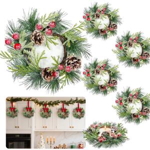 6 Pcs Mini Christmas Wreath for Cabinets Kitchen, 9 Inch Small Christmas Wreaths with Cypress Snowy Pinecone & Pine Branche Red Berry Christmas Candle Rings Wreaths for Cabinet Window Wall Table Decor