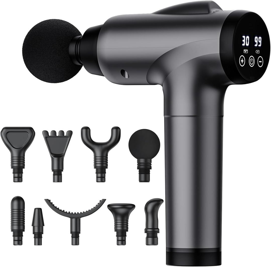 OLsky Massage Gun Deep Tissue, Handheld Electric Muscle Massager, High Intensity Percussion Massage Device for Pain Relief with 9 Attachments & 30 Speed(Grey)