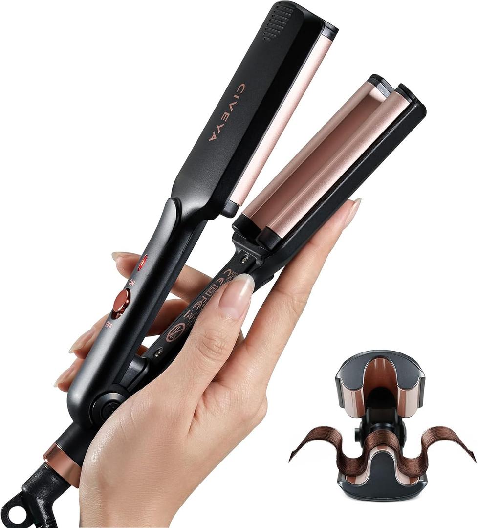 CIVEYA Mini Hair Crimper for Short Hair, Small Crimper Hair Tool for Volumize Tight Beach Waves, Travel Size 3 Barrel Hair Waver 1/2 inch with Anti-Scald Shell, Easy to Use