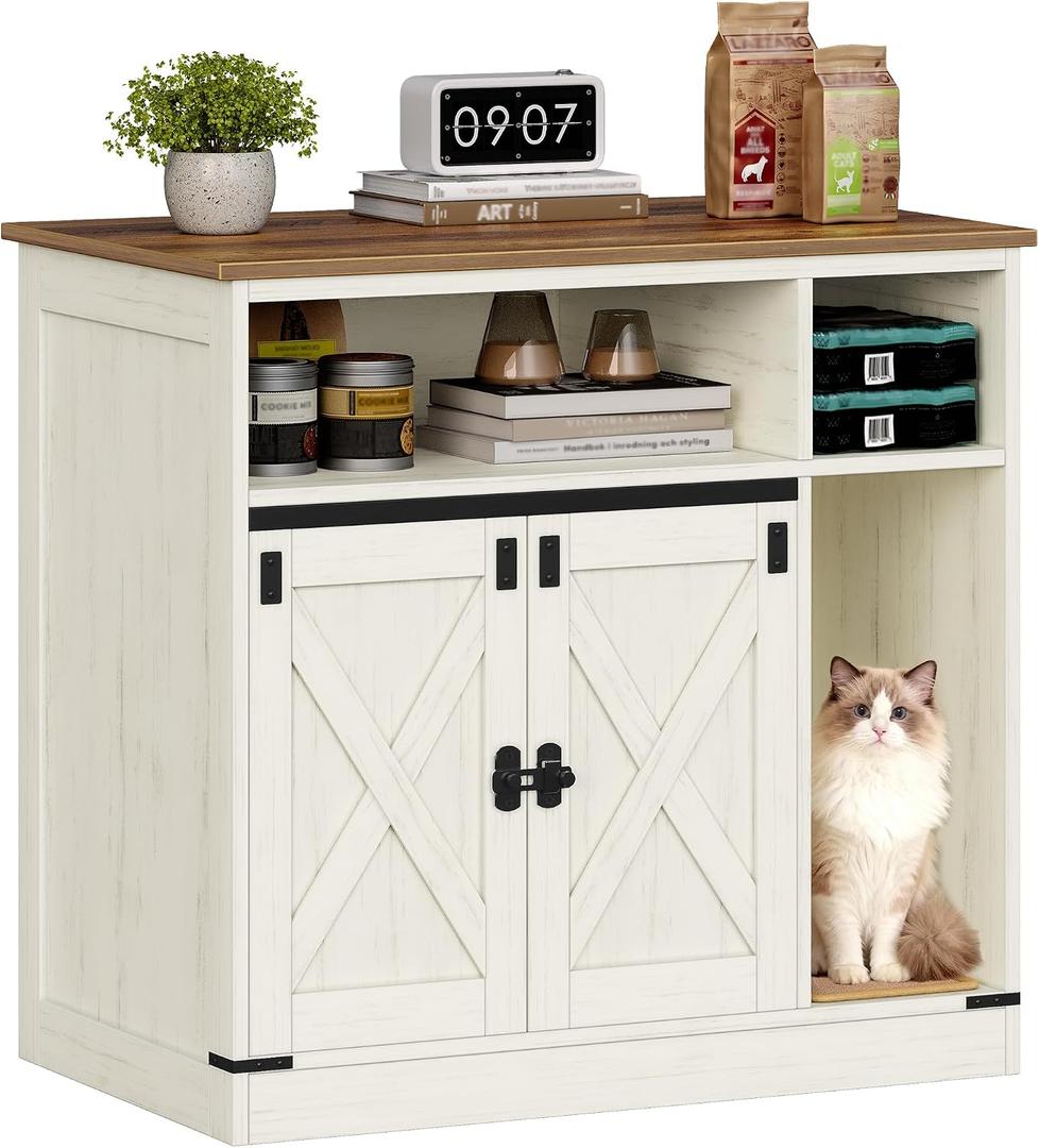 Hzuaneri Cat Litter Box Enclosure, Hidden Litter Box Furniture with Storage, Wooden Cat Cabinet with Scratch Pad, Farmhouse Cats House, TV Stand End Table, Rustic Brown and White CB87514X