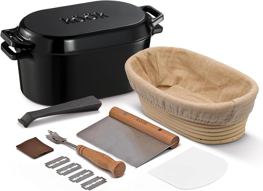KooK Dutch Oven with Lid, Enameled Cast Iron Bread Baker, Dual Handles, 3.4 Qt, Oval, Includes Banneton Proofing Basket with Liner, Artisan Sourdough Bread Baking Set (Kit)