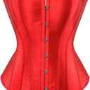 KSHUN Women's Sexy Satin Floral Boned Overbust Corset Top Lace up Back Underbust Body Shaper (Medium, Red-2)