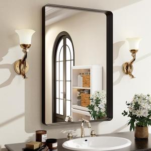 30"x22" Black Bathroom Mirror - Modern Mirror for Wall with Rounded CornersBathroom Mirrors for Vanity, Aluminum Alloy Framed Mirror Portrait or Landscape Hang, Rectangle Mirrors for Bedroom