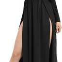 SILUI Women's Square Neck Double High Slit Long Sleeve Sexy Plus Size Sundresses Thigh Split Club Party Maxi Dresses (Black, L)
