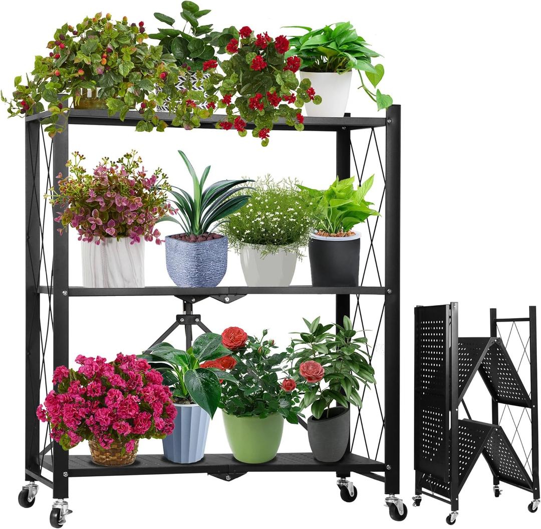 Metal Plant Stand - 3 Tier Folding Plant Display Rack for Indoor Flowers, Black