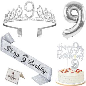 9th Birthday Decorations for Girls Silver with 9th Birthday Sash and Tiara, Cake Topper and Candle, Silver Number Balloon, 9 Year Old Gifts for Girls