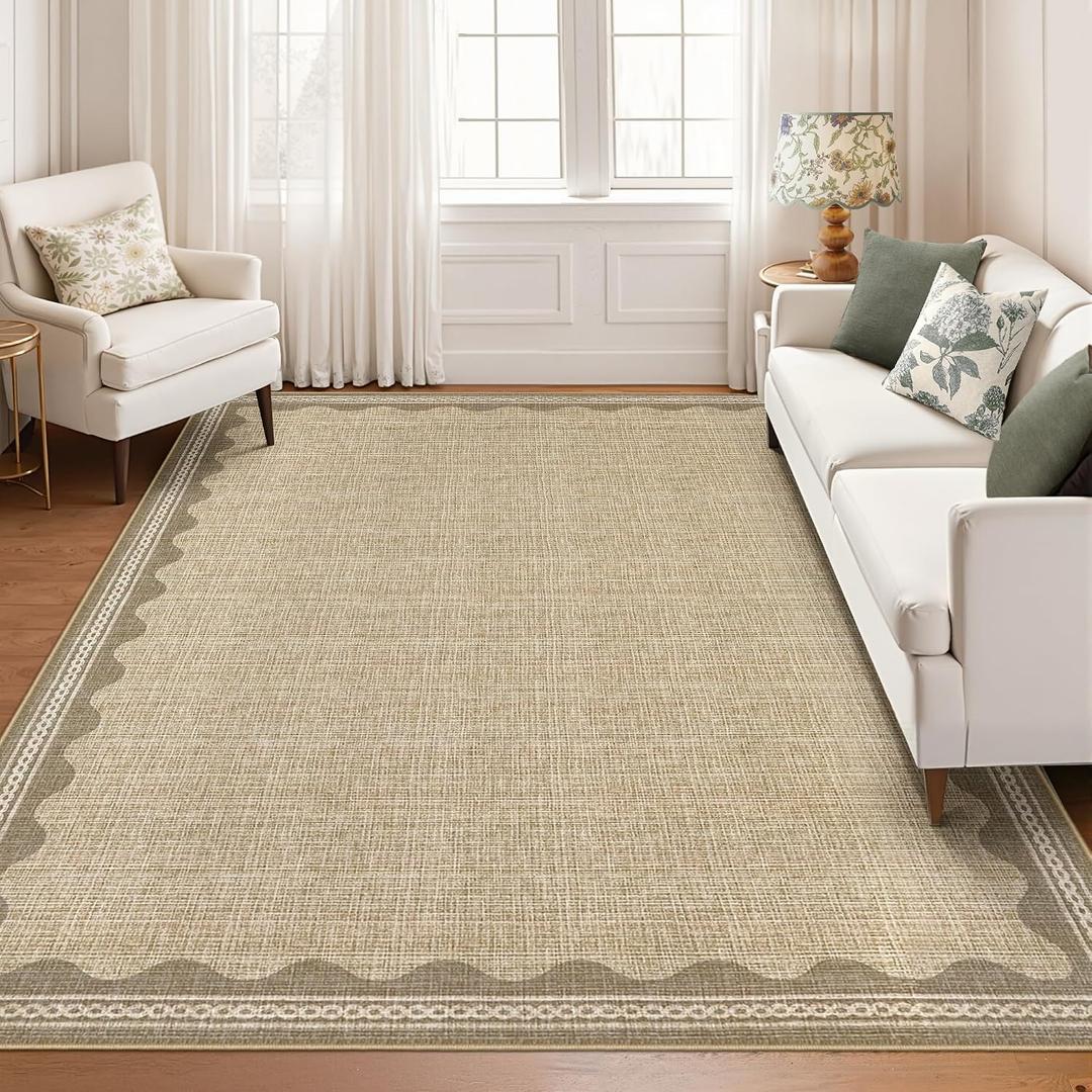GarveeHome Scalloped Washable 8x10 Rug for Living Room Non-Slip Solid Tan Jute Digital Printing Modern Low-Pile Carpet 8 x 10 Rug for Bedroom Dining Nursery Mat with Rubber Back