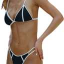 Women's 2 Piece Bikini Set Colorblock V Underwire Cami Tie Back Bathing Suit Sexy String High Cut Swimsuit (Black, M)
