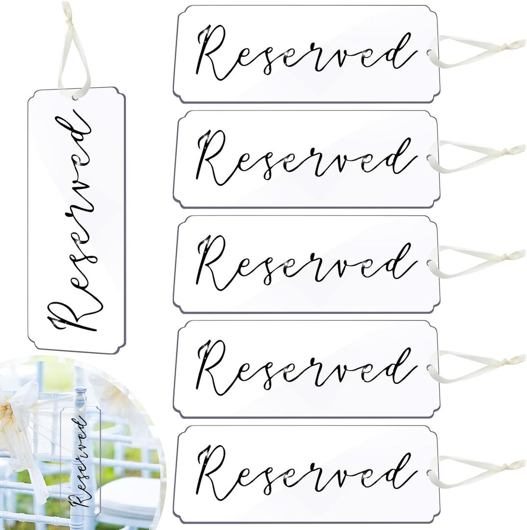 Blulu 6 Pieces Reserved Signs for Wedding Chairs Acrylic Tag Hanging Reserved Signs with Ribbon for Wedding Important Events Church Pews Chair and Restaurant (Black Lettering)