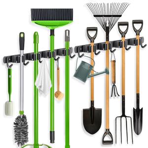 ZONGOOL 2 Pack Broom Holder Wall Mount, 4 Racks and 5 Hooks Mop Hanger Wall Mount Broom Organizer Stainless Steel Heavy Duty Garage Tool Racks for Home Kitchen Garden Laundry (Black)