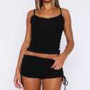 XBTCLXEBCO 2 Piece Pajama Set for Women Y2K Frill Trim Sleeveless Cami Top Ruched Shorts Pj Set Fitted Matching Sleepwear