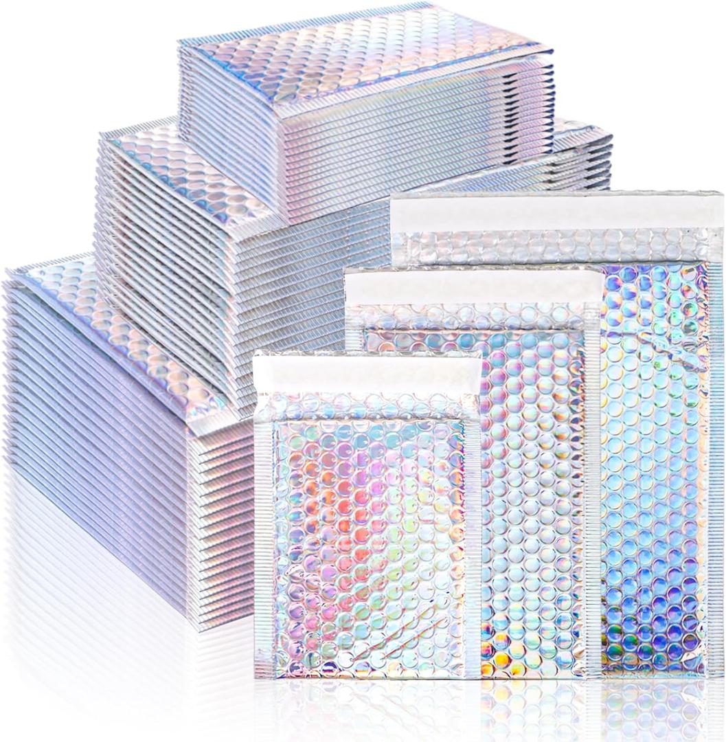 50 Pieces Metallic Bubble Mailers, Self-Seal Poly Padded Envelopes, Waterproof Holographic Bubble Shipping Envelopes for Mailing, Packing, Small Business