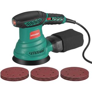 HYCHIKA 5-Inch Random Orbital Sander, 13000RPM Electric Palm Sander with 6 Variable Speeds, Powerful Motor, 12PCS Sandpapers and Efficient Dust Collection Bag, for Woodworking, Finishing and Polishing