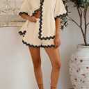 Fixmatti Women Two Piece Summer Sets Short Sleeve Button Down Shirts (Beige, S)