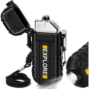 LcFun Waterproof Electric Dual Arc Lighter USB Type C Rechargeable Windproof Flameless Plasma Lighters with Flashlight for Camping, Hiking, Outdoor Survival, Tactical Gear Gifts for Men