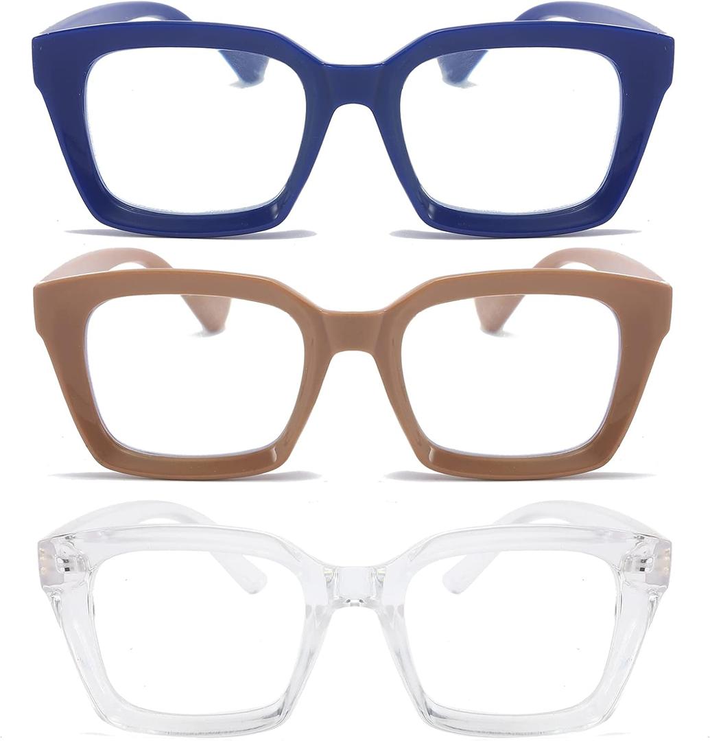 DXYXYO 3 Pack Retro Oversized Reading Glasses for Women Men Fashion Square Blue Light Blocking Computer Reader (1.5 X, Blue+clear+coffee)
