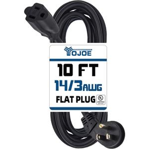 YOJOE Flat Plug Indoor Extension Cord 10 ft, 3 Prong 15A Power Cord, 14 Gauge Heavy Duty Black Extension Cord for Garage, Garden and Home, 14/3 SJTW, UL Listed